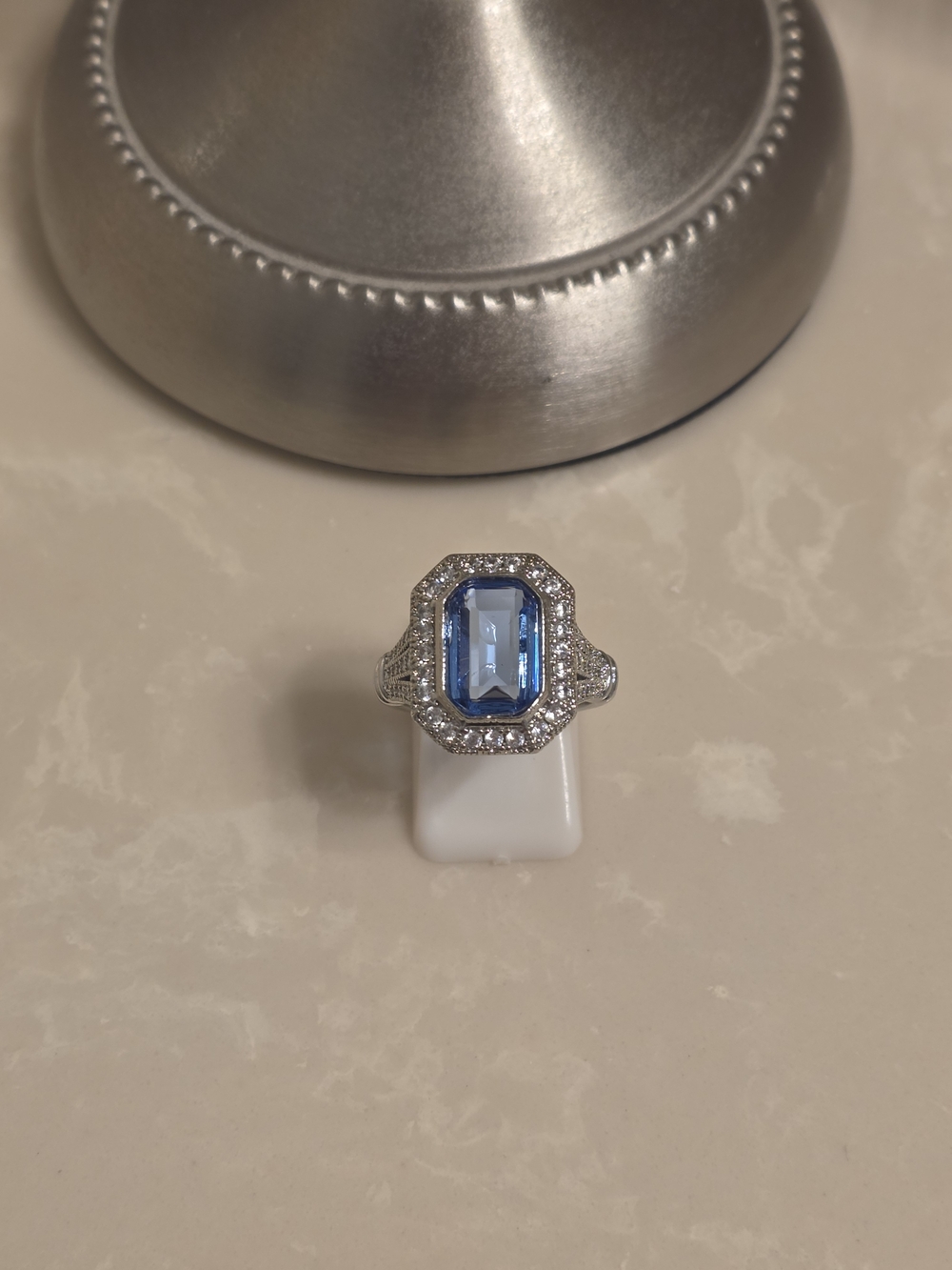 Silver CZ and Aquamarine Ring Size 8